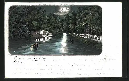 Lithographie Leipzig, An der Pleisse, Gasthaus Zum Wassergott