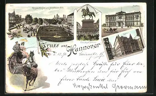 Lithographie Hannover, Ernst-August-Denkmal, Rathaus, Königswortherplatz und Herrenhäuser-Allee