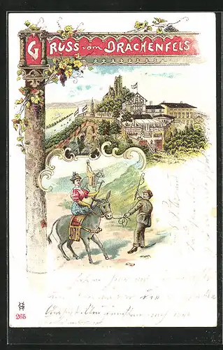 Lithographie Königswinter, Gasthaus Drachenfels, Eselreiten