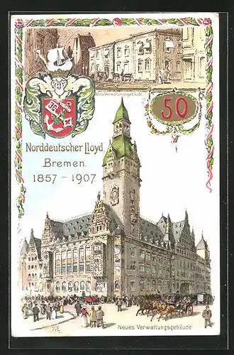 Lithographie Bremen, Norddeutscher Lloyd 1907, Neues und altes Verwaltungsgebäude