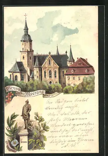Lithographie Meerane, Kirche, Bismarck-Denkmal