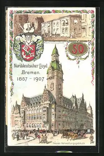 Lithographie Bremen, Norddeutscher Lloyd, Neues und altes Verwaltungsgebäude, 1907