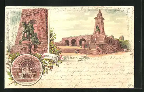 Lithographie Kyffhäuser, Ansicht und Detail Barbarossa-Denkmal