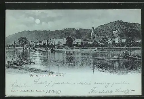 Mondschein-AK Schandau, Flussidylle am Stadtufer