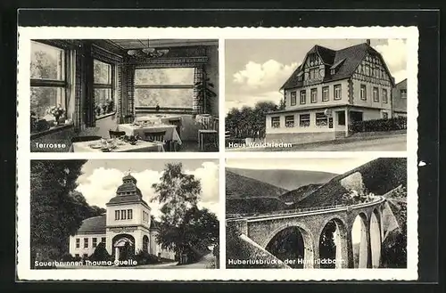 AK Emmelshausen, Hotel Haus Waldfrieden, Sauberbrunnen Thauma-Quelle, Hubertusbrücke