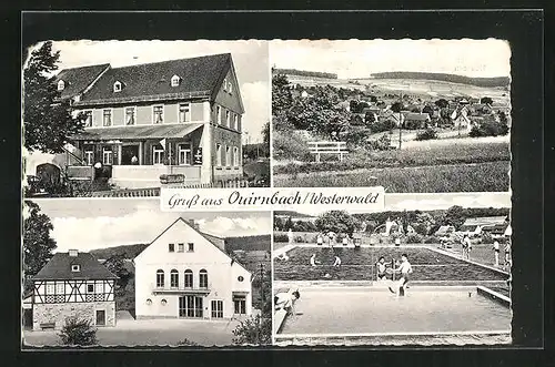 AK Quirnbach /Westerwald, Gasthaus-Pension Zur Linde, Schwimmbad, Ortsansicht