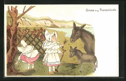 Künstler-AK Travemünde, Mädchen mit Eseln