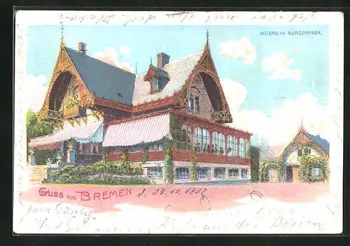 Lithographie Bremen, Gasthaus Meierei im Bürgerpark