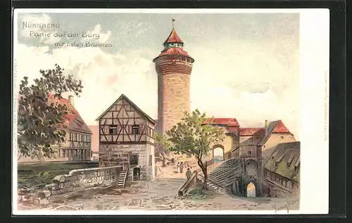 Lithographie Nürnberg, Partie auf der Burg mit tiefen Brunnen