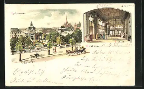 Lithographie Wiesbaden, Kochbrunnen, Trinkhalle
