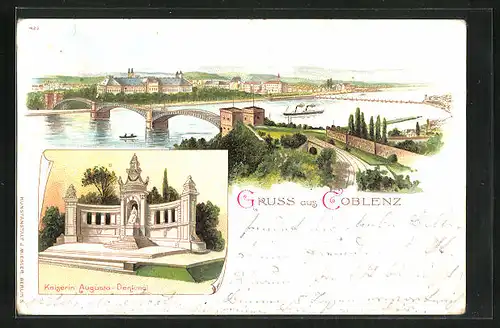 Lithographie Coblenz, Kaiserin Augusta-Denkmal, Panorama
