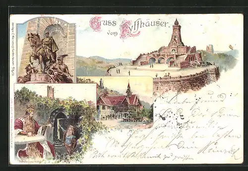 Lithographie Kyffhäuser, Denkmal, Barbarossa, Ortspartie