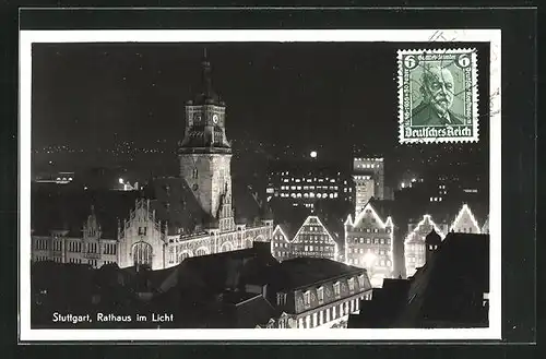 AK Stuttgart, Rathaus bei Nacht