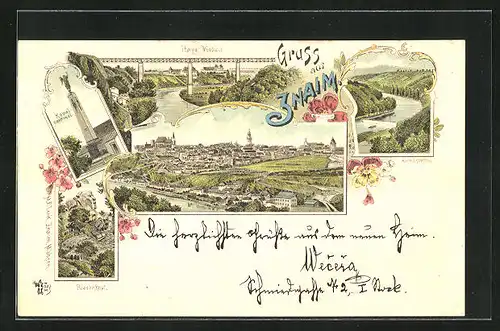 Lithographie Znaim, Thaya Viaduct, Kopal-Denkmal, Riesenkopf