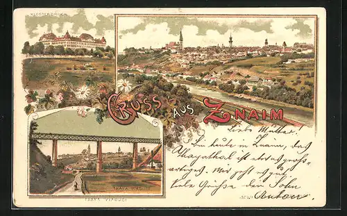 Lithographie Znaim, Teilansicht, Thaya-Viaduct, Klosterbruck
