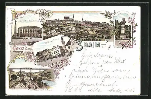 Lithographie Znaim, Realschule mit Kopol-Denkmal, Rathaus-Turm, Thaya Brücke mit Kloster Bruck