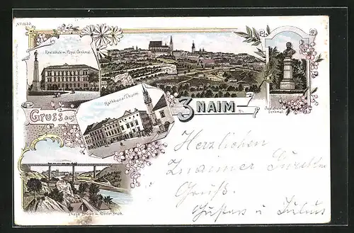 Lithographie Znaim, Realschule mit Kopol-Denkmal, Rathaus-Turm, Thaya Brücke mit Kloster Bruck