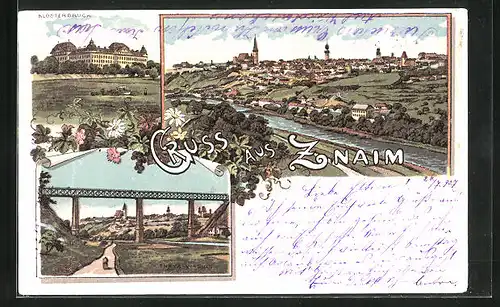 Lithographie Znaim, Teilansicht, Thaya Viaduct, Klosterbruck