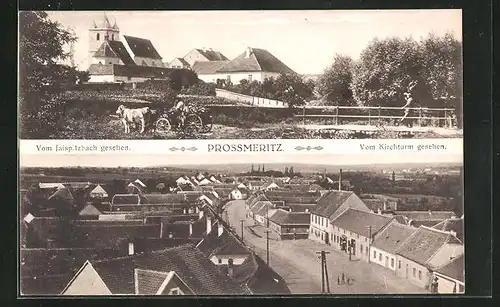 AK Prossmeritz, Ortspartie vom Jaispitzbach gesehen, Teilansicht mit Strassenpartie vom Kirchturm gesehen