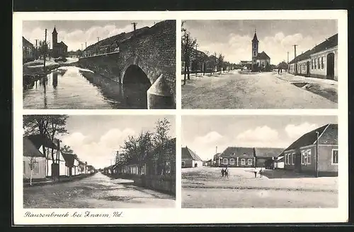 AK Rausenbruck bei Znaim /Nd., Uferpartie, Strassenpartie mit Kirche, Ortspartie