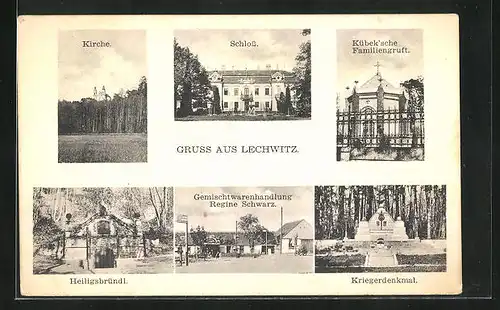 AK Lechwitz, Heiligsbründl, Kübek`sche Familiengruft, Kriegerdenkmal