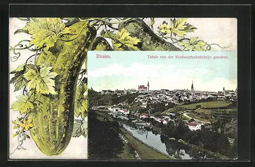 AK Znaim, Totale von der Nordwestbahnbrücke gesehen
