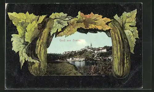 AK Znaim, Ortsansicht vom anderen Ufer aus