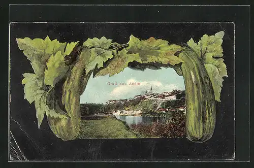 AK Znaim, Totalansicht vom anderen Ufer aus