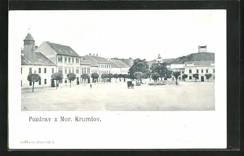 AK Mähr.-Kromau, Pferdekutsche am Stadtplatz