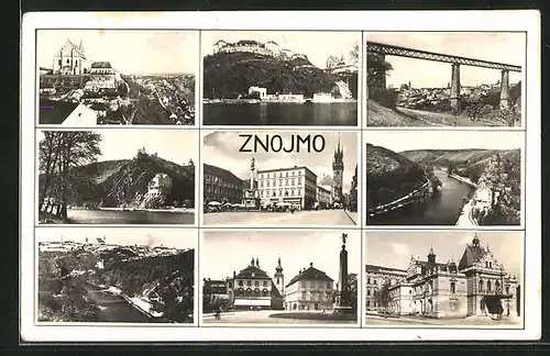 AK Znojmo, Nordwestbahnbrücke, Schloss, Totalansicht