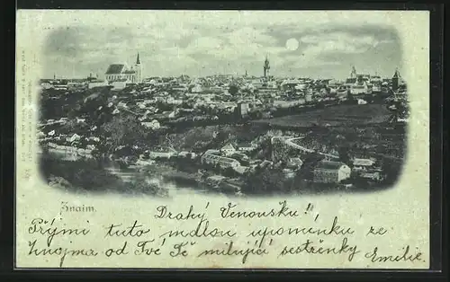 Mondschein-AK Znaim, Ortspartie im Mondlicht