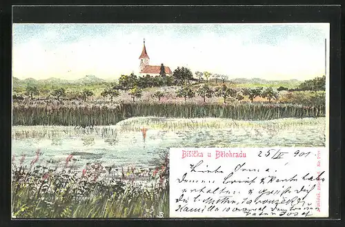 Künstler-AK Bysicky, Uferpartie mit Kirche