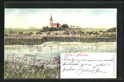 Künstler-AK Bysicky, Uferpartie mit Kirche