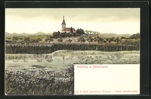 Künstler-AK Bysicky, Uferpartie mit Kirche