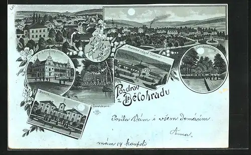 Mondschein-Lithographie Lazne Belohrad, Zamek, Lázensky Hotel, Lozisko raseling