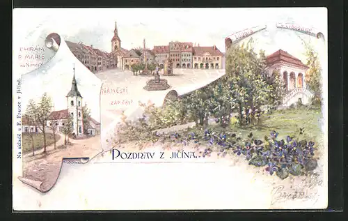 Lithographie Jitschin / Gitschin / Jicin, Chrám P. Marie, Námesti, Zápcást