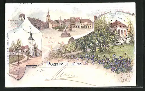 Lithographie Jitschin / Gitschin / Jicin, Chrám P. Marie, Námesti, Zápcást