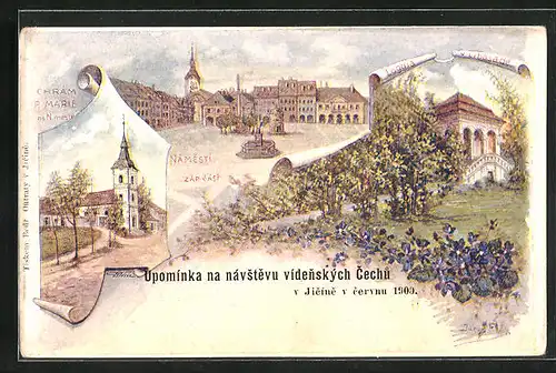 Lithographie Jitschin / Gitschin / Jicin, Chrám P. Marie, Námesti, Zápcást