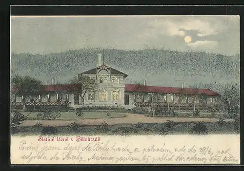 Mondschein-AK Lazne Belohrad, Kurhaus im Mondlicht