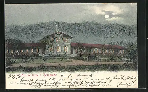 Mondschein-AK Lazne Belohrad, Kurhaus mit Vollmond