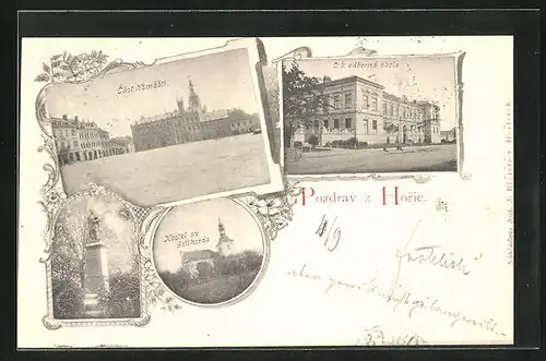 AK Horice, Cast Namesti, C. k. odborna skola, Kostel v Gollharda