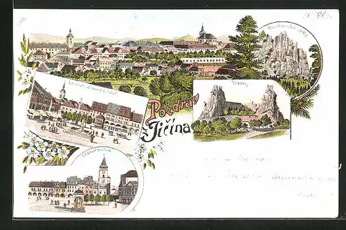 Lithographie Jitschin / Gitschin / Jicin, Trosky, Prachovske skaly, Vezova brána