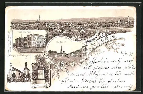 Lithographie Horice, c.k. odborna skola, Ramatnky kostel, cast namesti
