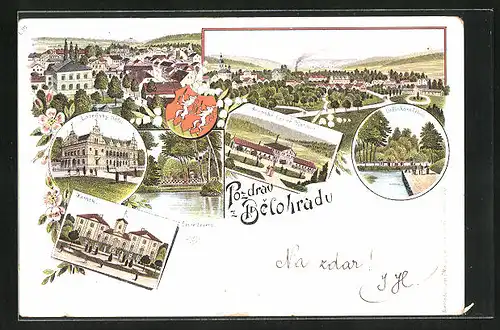 Lithographie Lazne Belohrad, Lazensky Hotel, Zamek, Cerne Jezero