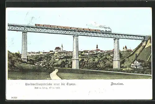 AK Znaim, Lokomotive passiert die Nordwestbahnbrücke über die Thaya