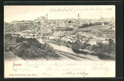 AK Znaim, Blick auf Fluss und Stadt