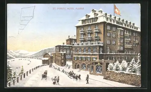 Künstler-AK St. Moritz, Hotel Albana, Schlittenfahrt