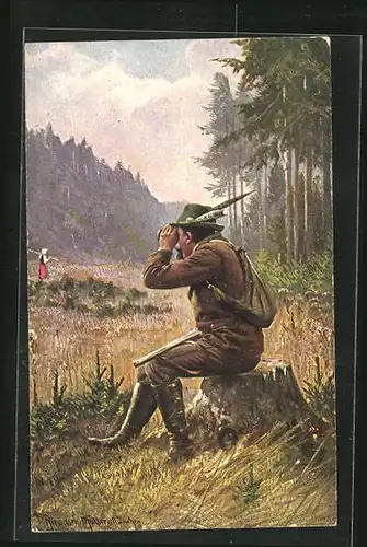 Künstler-AK M. Müller jun.: Jäger auf Baumstumpf sitzend, auf der Suche nach dem weiblichen Geschlecht