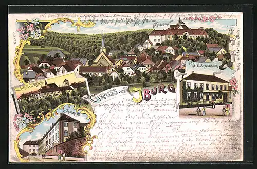 Lithographie Iburg, Hotel Gersemann, Schloss, Kloster, Schlossplatz