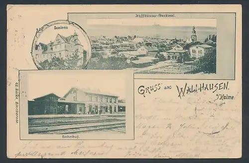 AK Wallhausen / Helme, Kyffhäuser-Denkmal, Schloss, Bahnhof
